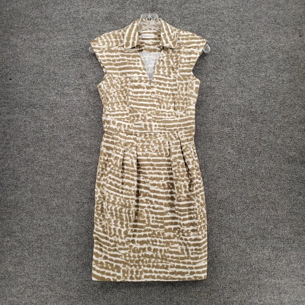 Calvin Klein Dress Womens 4 Beige Mini Pleated Sheath Cap Sleeve Stretch V Neck